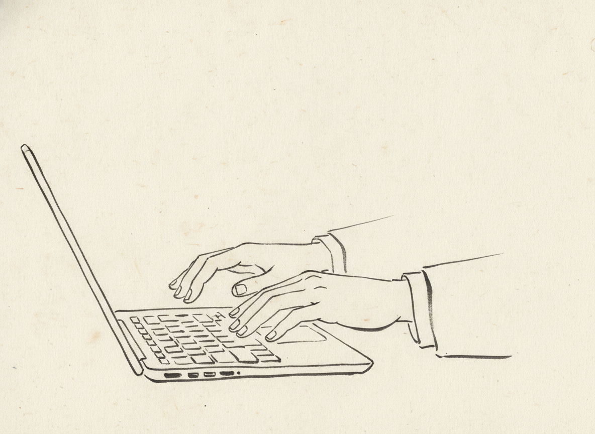 Hands hovering over a laptop keyboard