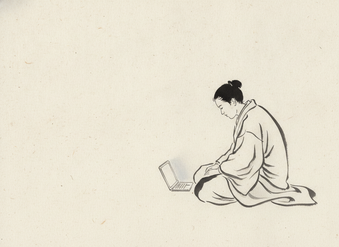 Person sitting cross-legged watching a small screen