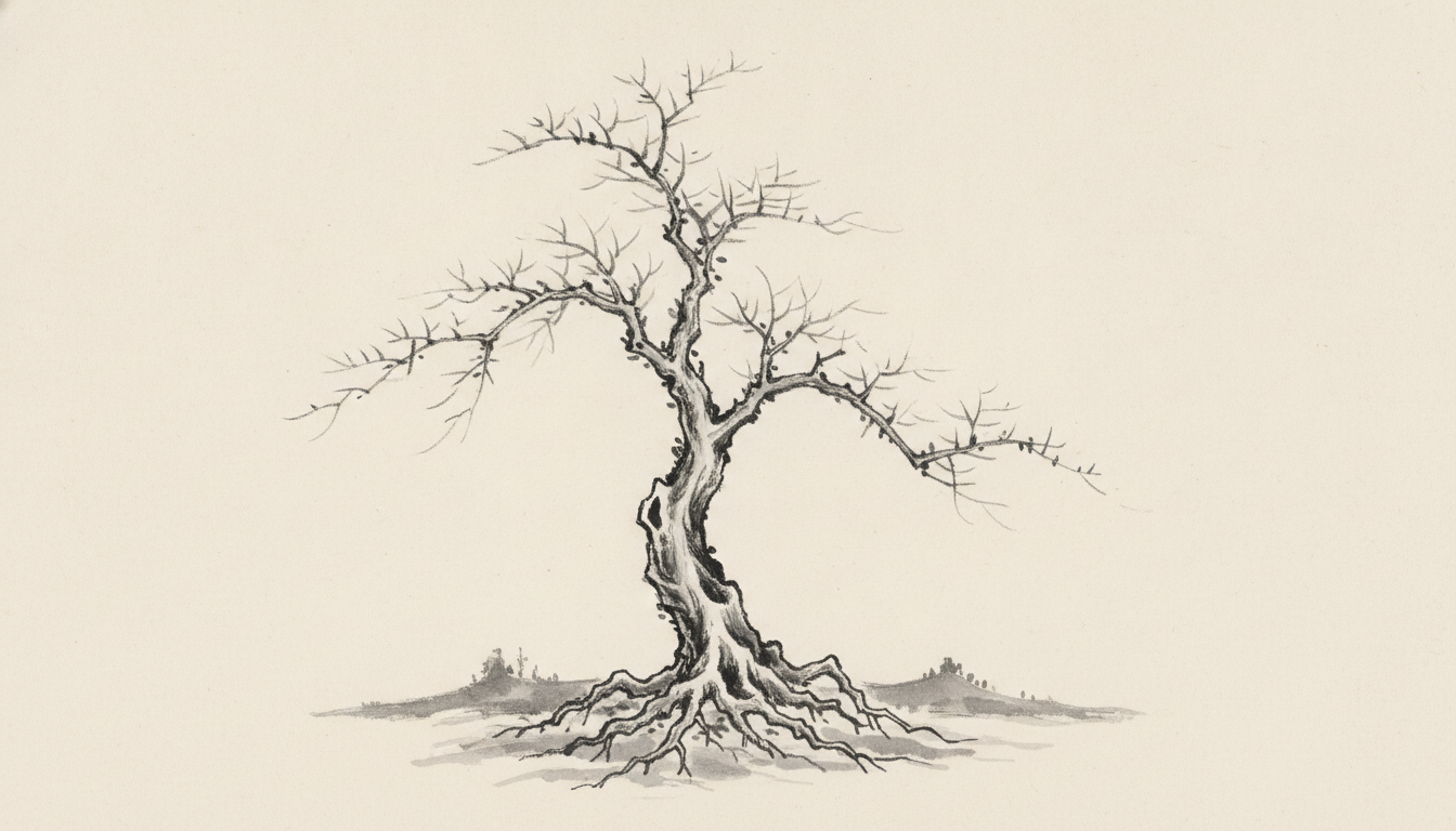 Bare tree with visible roots and branches