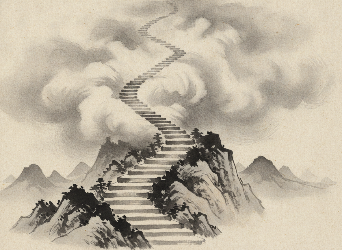 Stone stairway ascending through misty mountain