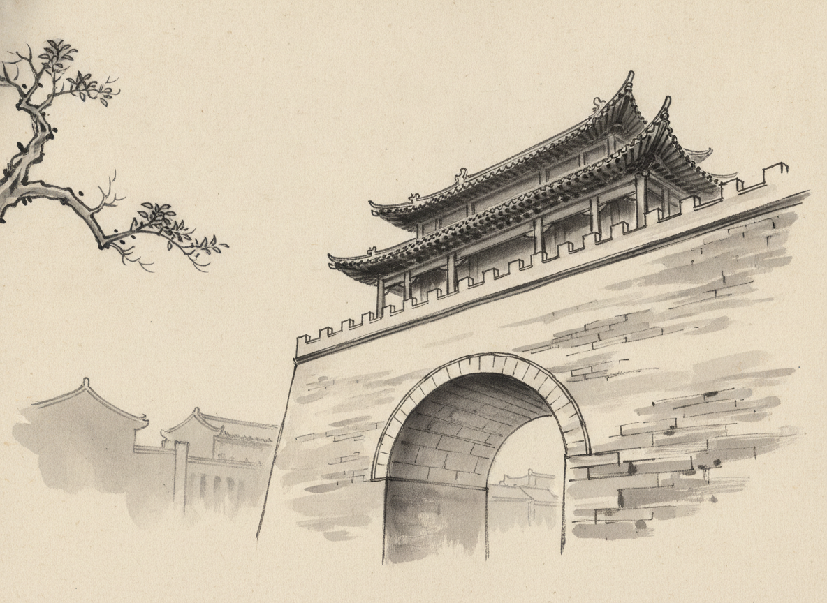 Traditional Chinese gate archway viewed from below