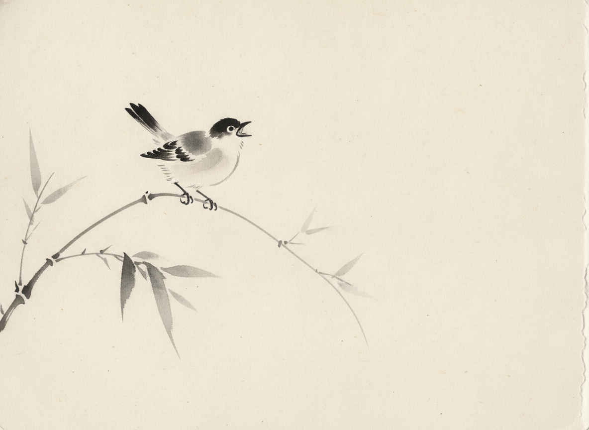 Small bird singing on bamboo branch