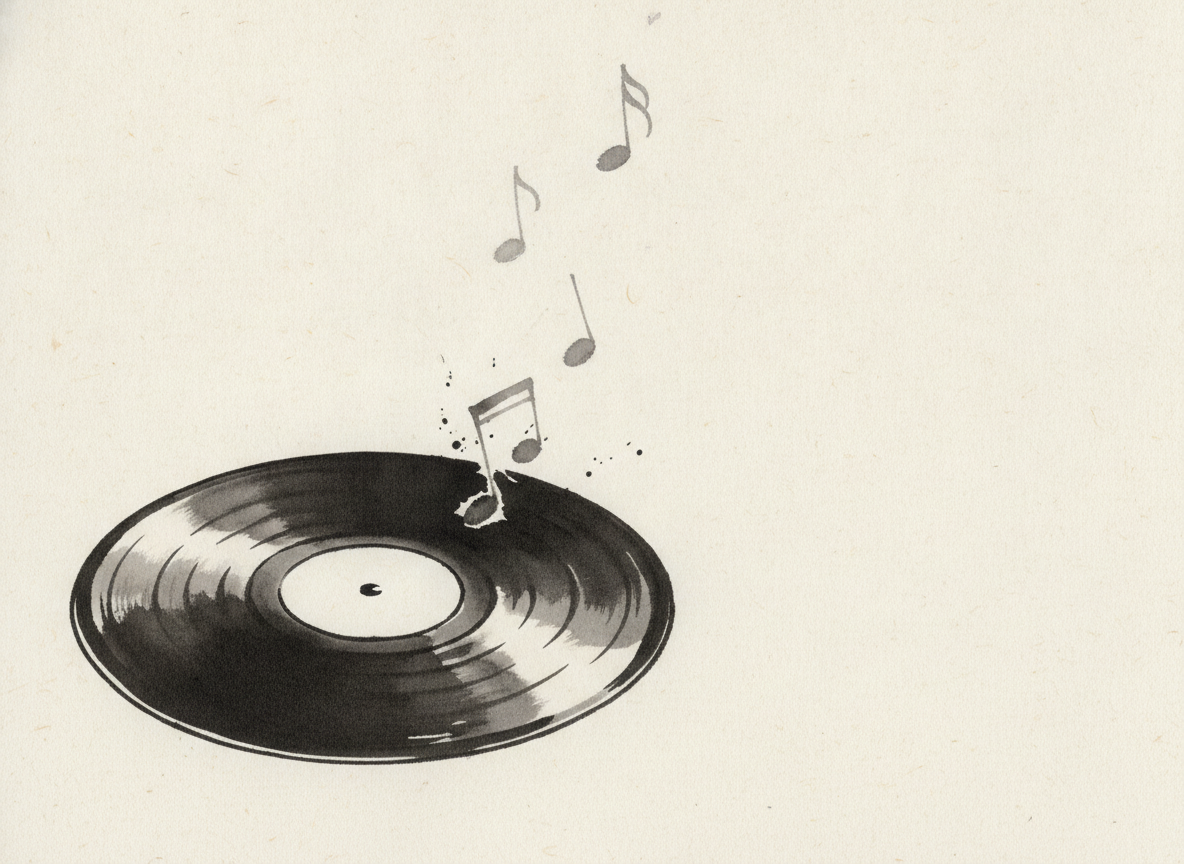 Vinyl record with musical notes floating above