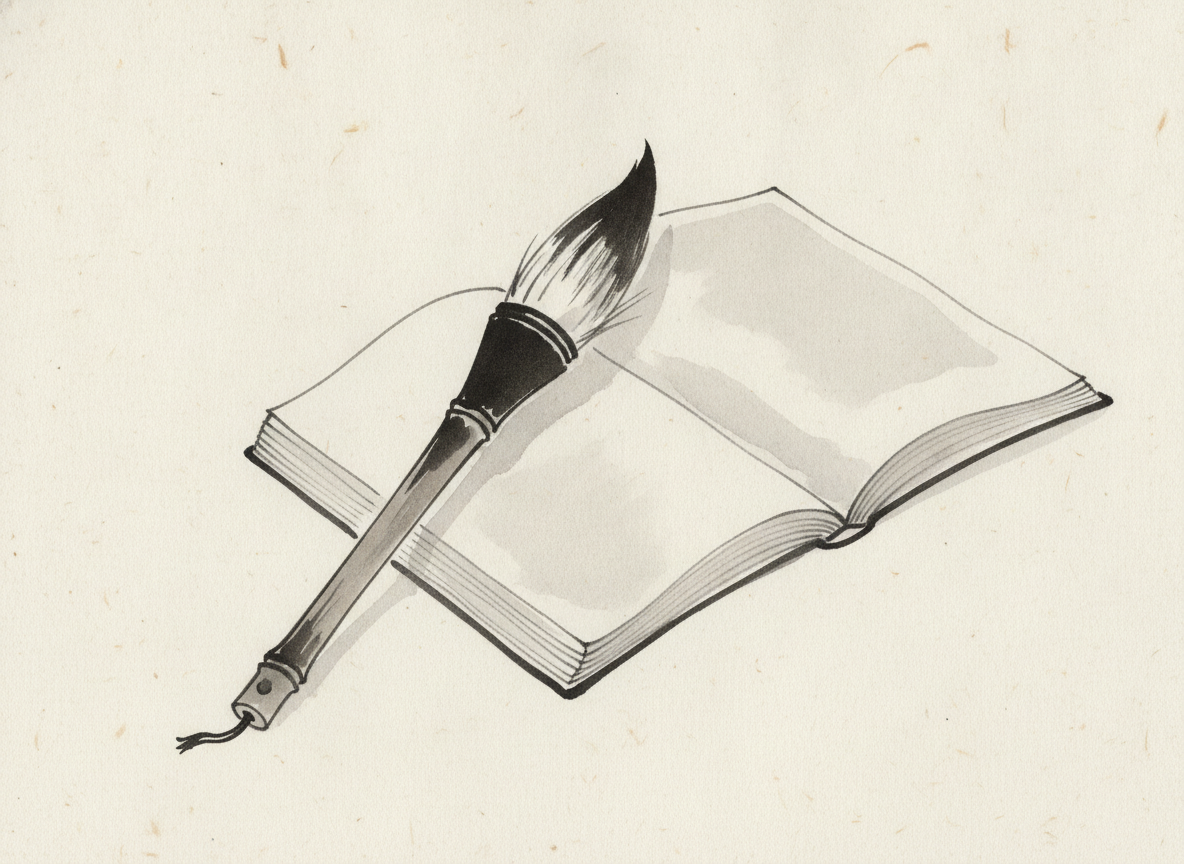 Ink brush resting beside an open book